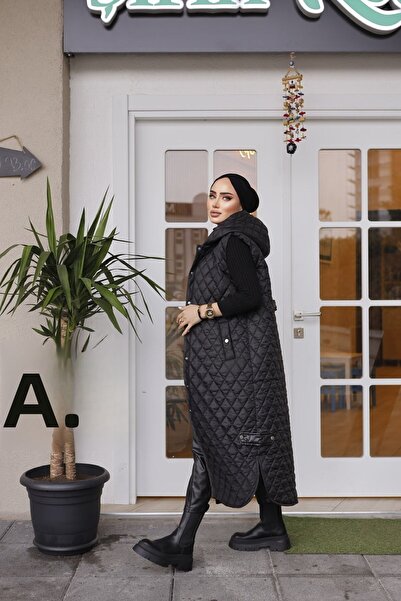 MASSMİZO Γυναικείο γιλέκο με κουκούλα με σκίσιμο λεπτομερές μακρύ γέμισμα