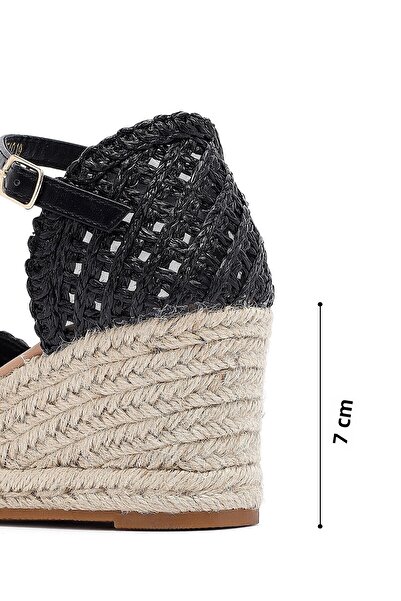 Derimod Women's Black Ankle Buckle Braided Wedge Heeled Espadrille Sandals 25Sfe401929