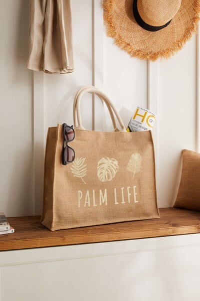 Ocean Home Textile Természetes juta bevásárló, váll, kar, tengeri strandtáska, Palm Life nyomtatott szalma színes 42x12x35