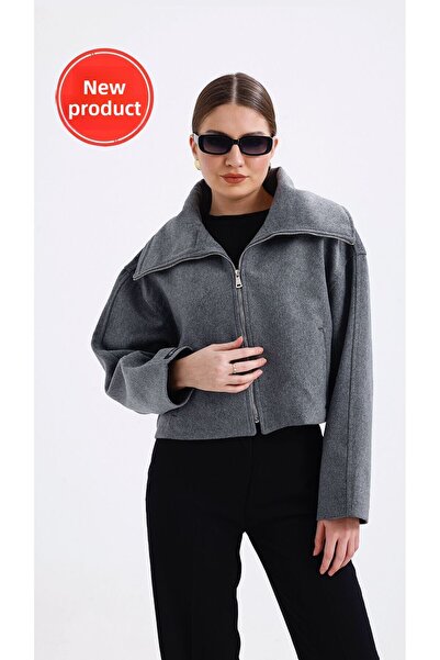 Perryes Norra Women &Apos; S Short Coat - Wide Collar, Zip-Up, Anthracite