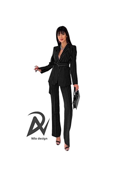 Nilo Női öltöny, öves kendős gallér Blézer dzseki Pipe szárú rugalmas nadrág