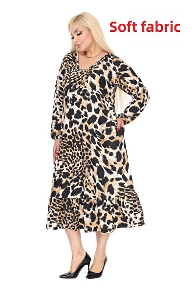 MELSAY Women's Winter V Neck Tiger Pattern Robe Dress
