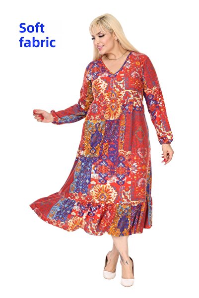 MELSAY Women's Winter Plus Size V Neck Red Ethnic Pattern Robe Dress