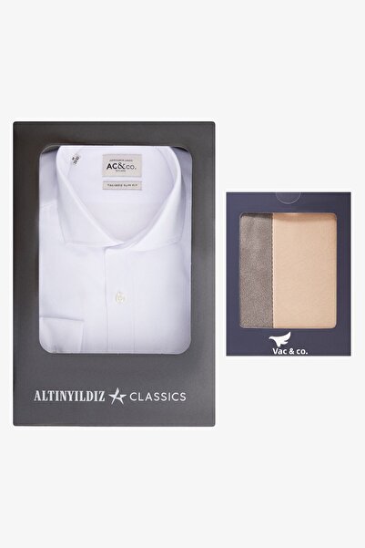 AC&Co / Altınyıldız Classics Ανδρικό λευκό βιζόν ανθρακί Ειδικό κουτί δώρου Βαμβακερό πουκάμισο-Πορτοφόλι σε λεπτή εφαρμογή
