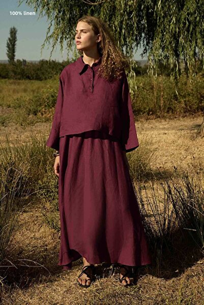 Hooopstore 100% Linen Elastic Waist Burgundy Skirt
