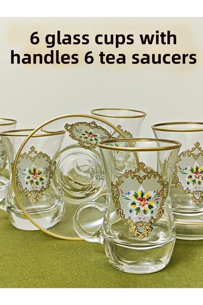 SAMSA Gold Silver Printed Rose Pattern Model with Glass Handle 6-Person Tea Set with Glass Handle Cup