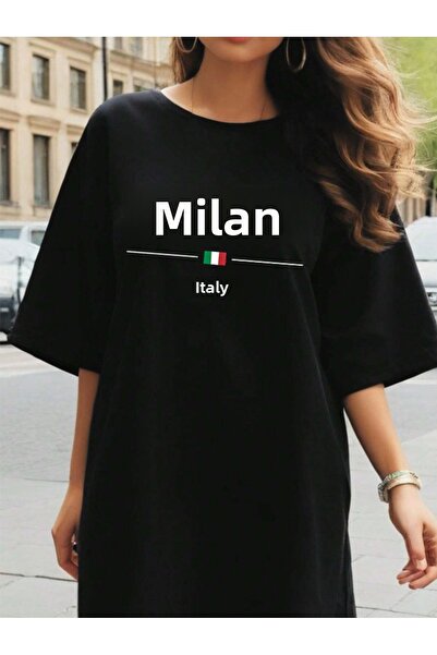 Revasser Dámské oversize tričko Milano s barevným potiskem dlouhé základní šaty