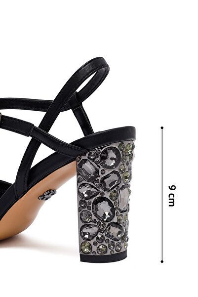 Derimod Women's Black Ankle Buckle Metallic Thick Heeled Sandals 25Sfe466932