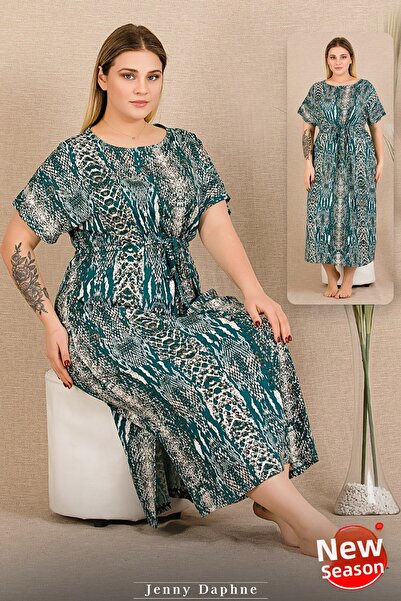 Jenny Daphne Viscose Fabric Large Size Patterned Slit Short Sleeve Dress Nightdress Battal 7287