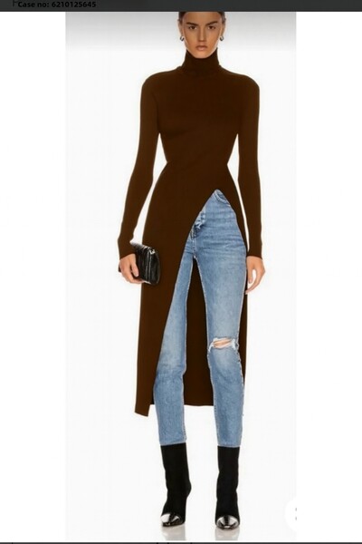 Nsb Tasarım 👉   Premium σκούρο καφέ μεταξωτό τζέρσεϊ γυναικείο τουνίκ με ζιβάγκο