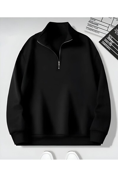 trendgar BEIGE and BLACK - Stand Collar Half Zippered Flat Sweater