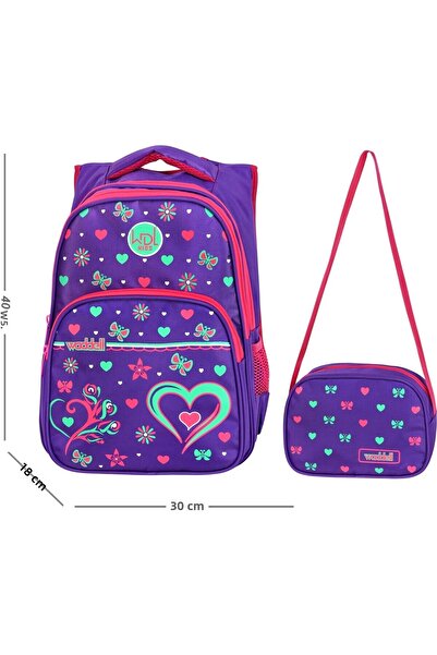 Waddell Rucsac și cutie de prânz pentru școala primară cu model de inimă violet 3025