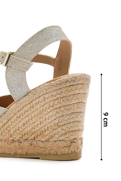 Derimod Women's Gold Glitter Ankle Buckle Wedge Heeled Shoes Espadrille Sandals 25Sfd2074Sm