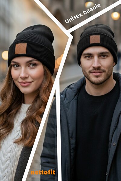 nettofit Black Leather Unisex Winter Wool Beret - with Label Detail