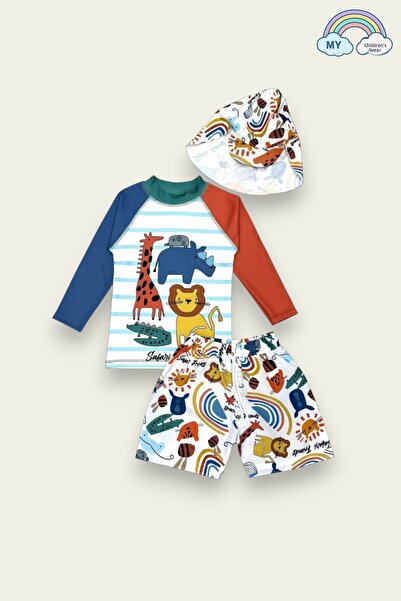 My Kids Wear Costum de baie cu model Bonnet de protecție solară și pantaloni ...