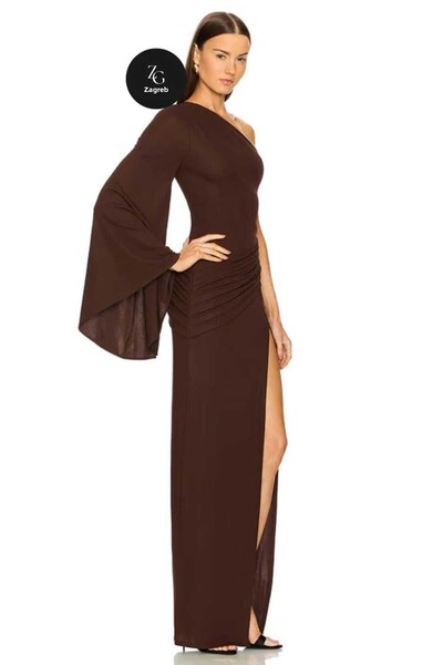Zagrep Women's Coffee Color One Shoulder Slit Sleeve Detailed Lined Silk Jersey Maxi Dress