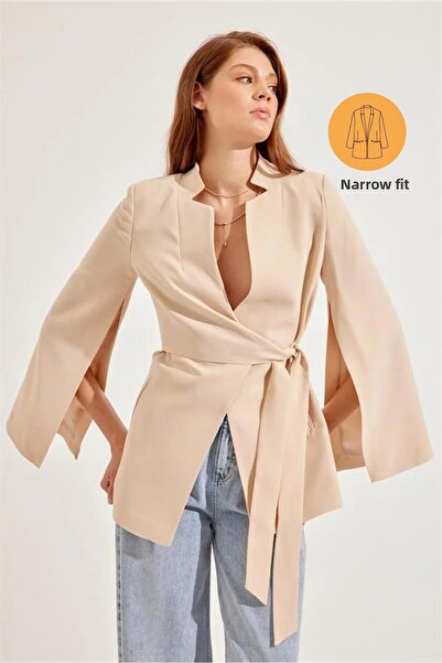 Setre Light Beige Slim Fit Jacket with Sleeve Detail and Tie Detail at the Waist