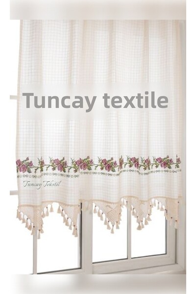 TUNCAY TEKSTİL Lilac Cross Stitched Buldan Work Cross Stitch Hand Lace Canvas Linen Curtain