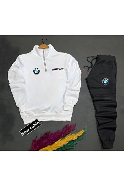 NewCabin Félcipzáras Bmw nyomott pamut fehér izzadság-pamut fekete melegítő szett, felső és alsó, 2 részes