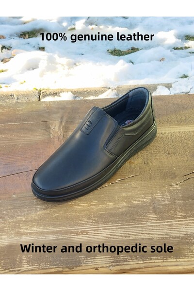 LİCCAS Pantofi de iarnă pentru bărbați, piele naturală, cauciuc și talpă anti-alunecare, autobică și fără șireturi