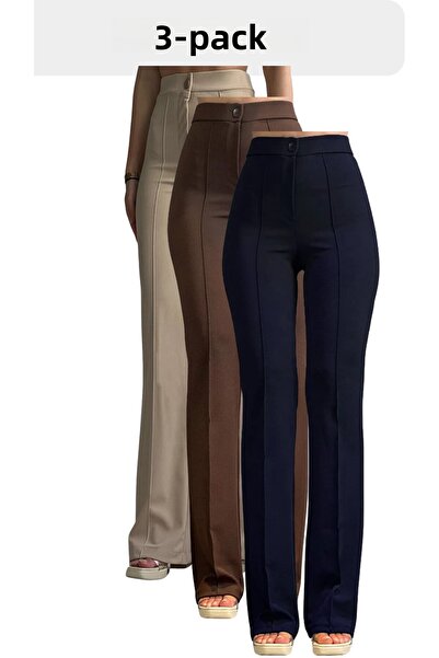 THIFF GYMWEAR Női Palazzo nadrág szett 3 darabból – bézs barna sötétkék, krepp lycra, magas derekú kocogó szabás