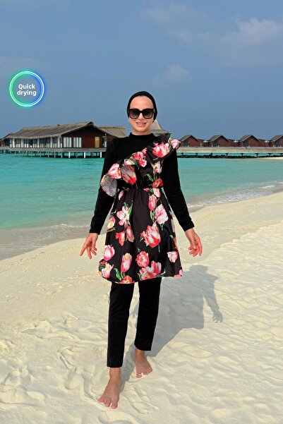 Ka Hijab Floral Patterned Ruffle Detail Full Covered 2-Piece Hijab Swimsuit - Black