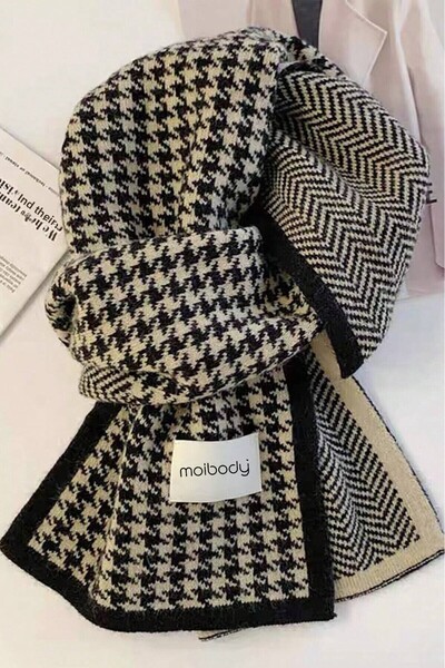 Moibody Χοντρό πλεκτό μαύρο με σχέδιο χήνας και ψαροκόκαλο