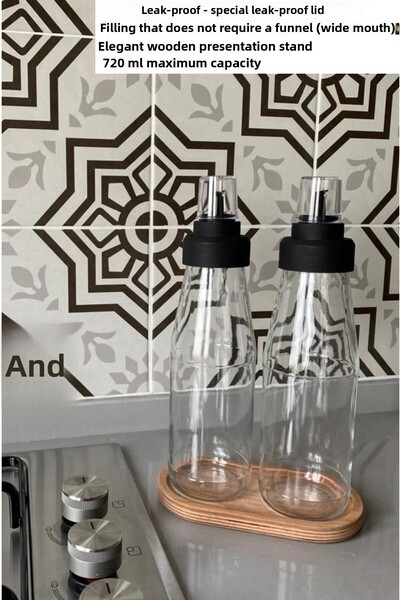 Bayev طقم زيت زجاجي كبير الحجم 3 قطع مع حامل خشبي ذكي خالٍ من التنقيط - 720 مل