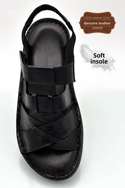 sermoda Men's Sandals - Genuine Leather, Velcro, Black Cross