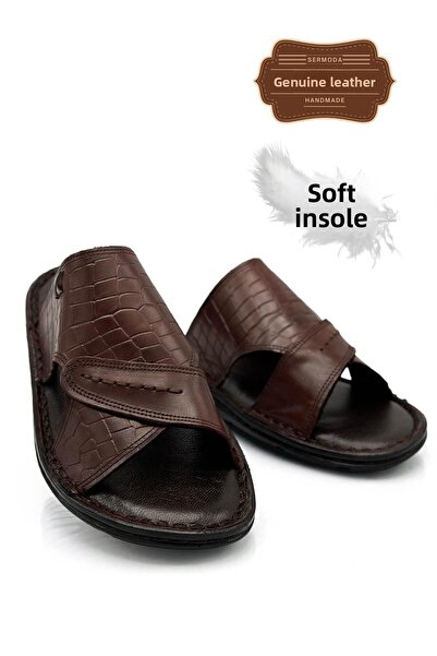 sermoda Ανδρικές παντόφλες - γνήσιο δέρμα, ελαφρύ και 3D καφέ χρώμα