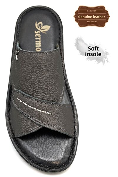 sermoda Genuine Real Leather Men's Slippers Lightweight Slippers Leather Syringe Smoked