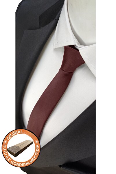 Elegante Cravatte Burgundy Color Extra Slim Fit Special Boxed Thin Matte Tie and Pocket Handkerchief