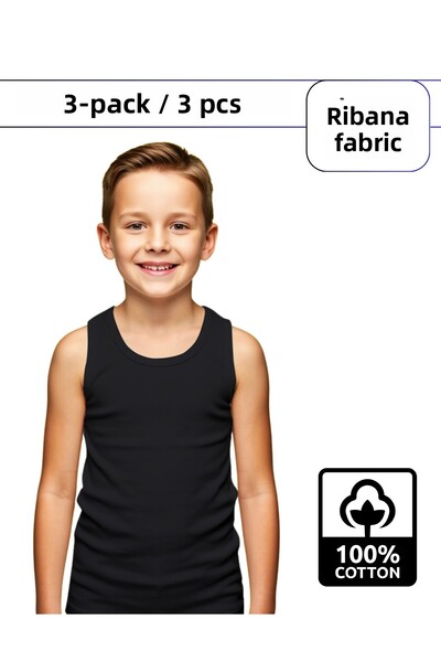 ALYA UNDERWEAR Boy's Cotton Ribbed Tank Top Oval Collar 3 Pack - 3 Pieces Black