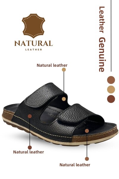 sermoda Ανδρικές παντόφλες Double Velcro Γνήσιο Δέρμα Παντόφλες από φυσικό δέρμα C Μαύρο
