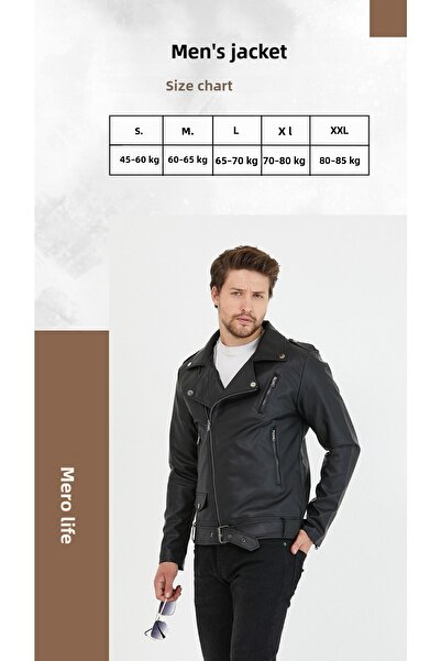 Mero Life Ανδρικό δερμάτινο μπουφάν μαύρο διαγώνιο με φερμουάρ