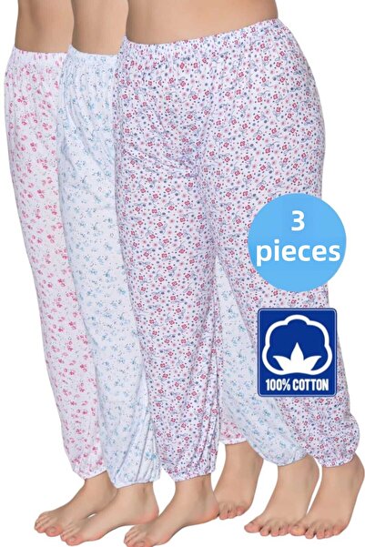 Tezzgelsin Γυναικείες πιτζάμες με στάμπα 100% βαμβακερές - ελαστικές, μακριά πόδια, Johns σετ 3 τεμαχίων