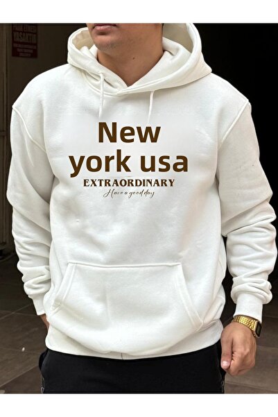 DEEPSENCE Men's White Oversize Hooded Sweatshirt - Newyork Printed
