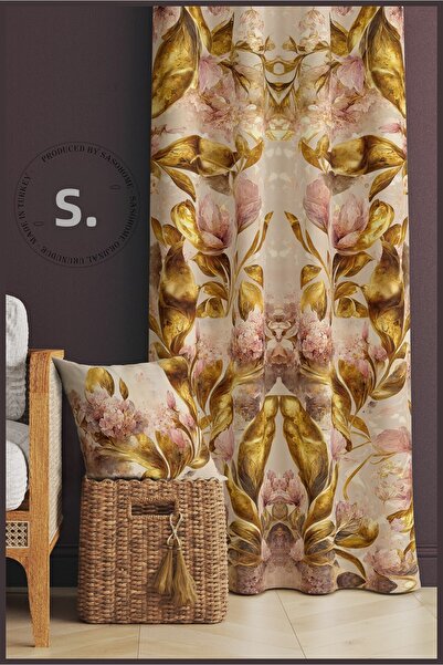 SasoHome Κρεμ σκηνικό χρυσά φύλλα με μοτίβο βελούδο 140 X 270 cm καλής ποιότητας - Ψηφιακή τυπωμένη κουρτίνα φόντου