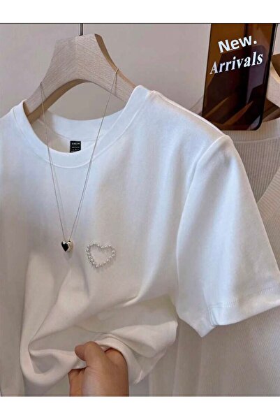 NATUFIAN STORE Tricou de bază pentru damă, cu decolteu, brodat cu perle de inimă