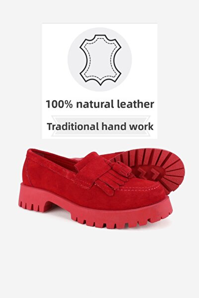 TUNAELLİ Red suede and Natural Leather Tassel Loafer - size 36-41 Women's shoes