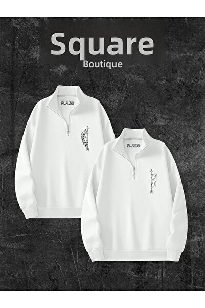 Plaza Butik Бял комбиниран суичър за двойка с 3 струни Aside the Lion - половин цип