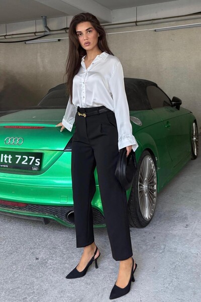 Madmext Black High Waist Pleated Women's Fabric Trousers Mg2507