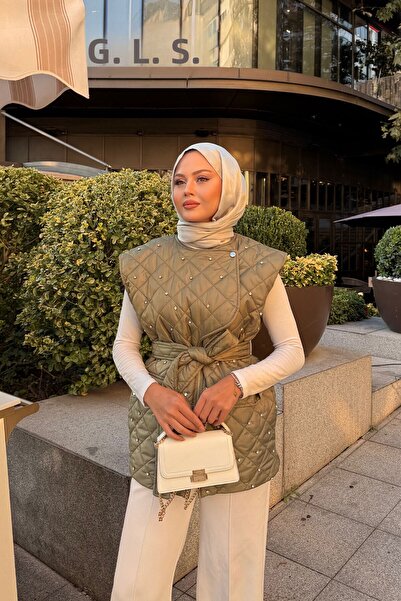 LOCCO Women's Stone Detailed Quilted Vest Khaki Green