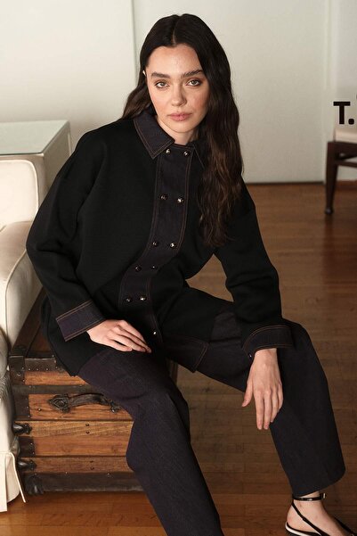 Hooopstore Denim Garni Detailed Mercerized Long Black Cardigan