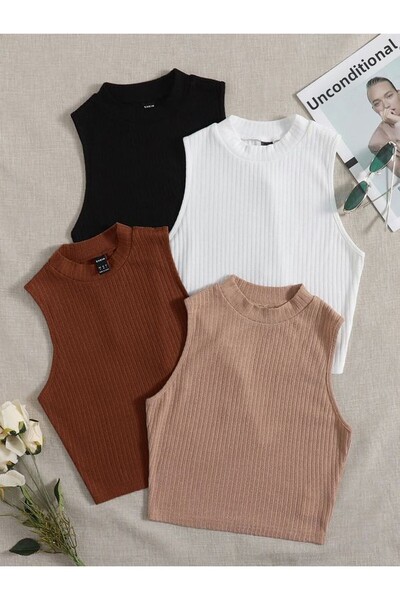 ÖZ PAMUK Γυναικεία 4 τεμάχια με ραβδώσεις 100% βαμβακερή πλεκτή καμισόλε μπλούζα Crop Athlete