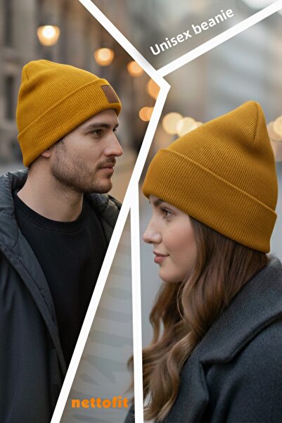 nettofit Uniszex téli bőr mustáros gyapjú svájcisapka címke részletekkel