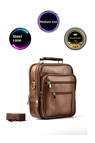 CüzCan Men's Brown Steel Case Genuine Leather Hand and Shoulder Bag Medium Size