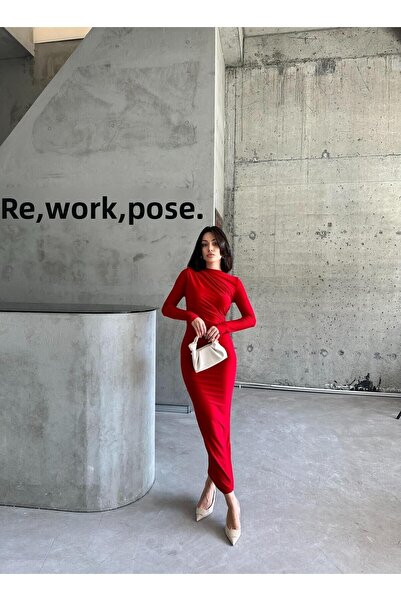 ELBEY Homokvörös hosszú ruha - húzózsinór részlet, hosszú ujjú