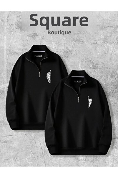 Plaza Butik Hanorac negru cu jumătate de fermoar, cu 3 fire, pentru cuplu de ...