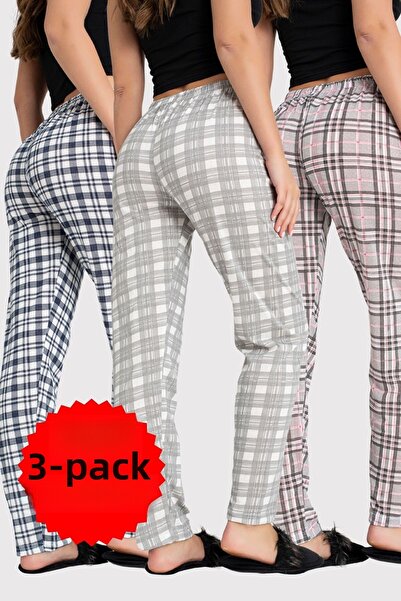 DONEX 3 Πακέτα Βαμβακερό λεπτό αναπνεύσιμο ύφασμα με κορδέλα μέσης με λεπτομέρεια εμπριμέ χωρίς τσέπη Γυναικείες πιτζάμες σε κάτω πακέτο